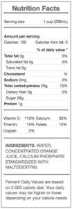 orange juice with calcium - nutrition panel