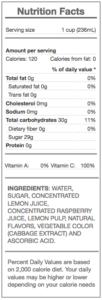 raspberry lemonade - nutrition panel