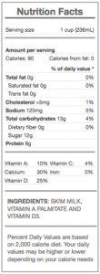 skim milk - nutrition panel