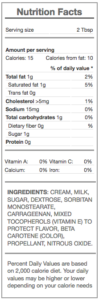 whipped cream - nutrition panel