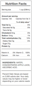apple juice - nutrition panel