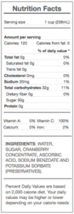 cranberry juice - nutrition panel